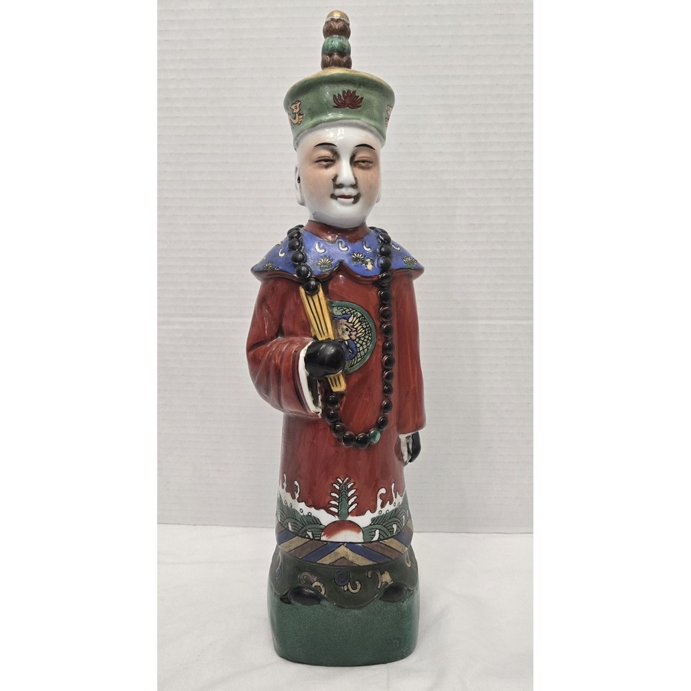 Vintage 15" Chinese Porcelain Emperor Statue Hand Painted Qing Dynasty 24K Trim